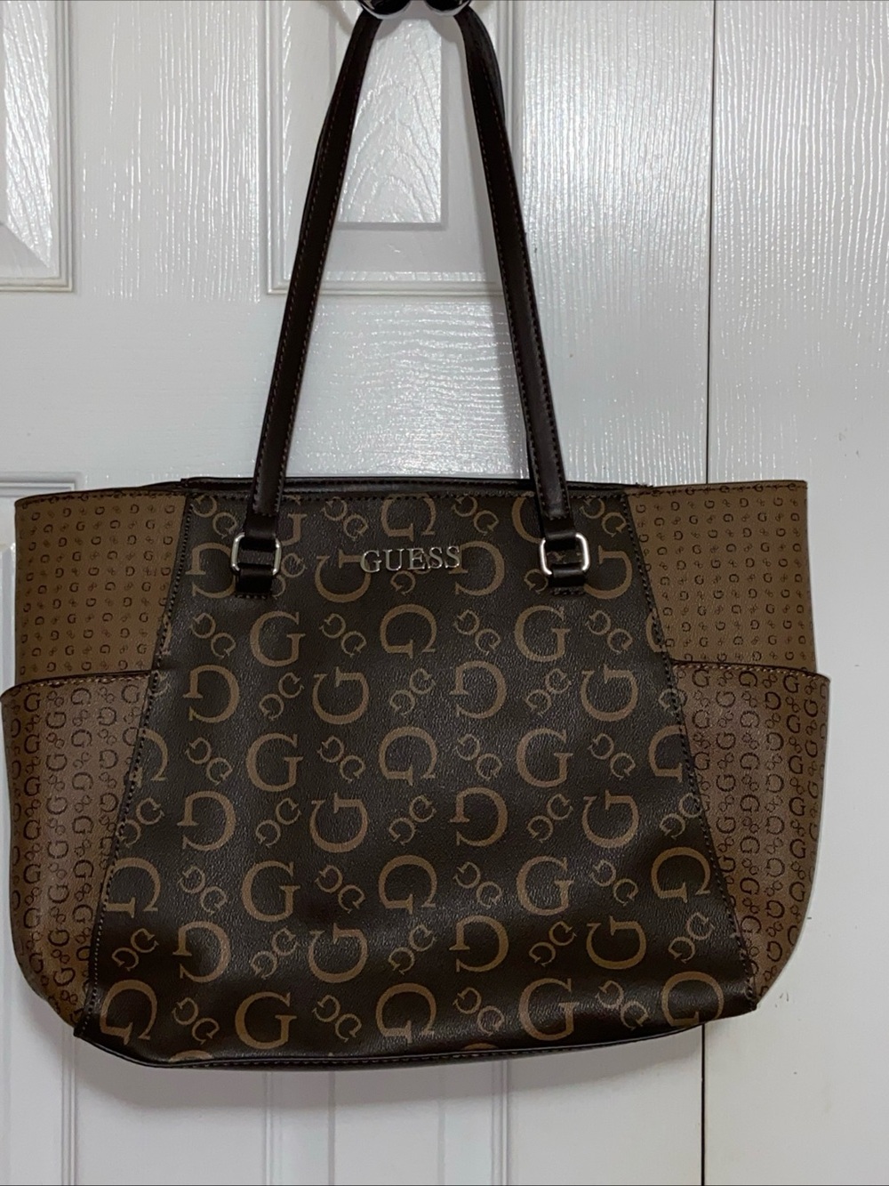 GUESS Brown and Tan Logo Tote Bag